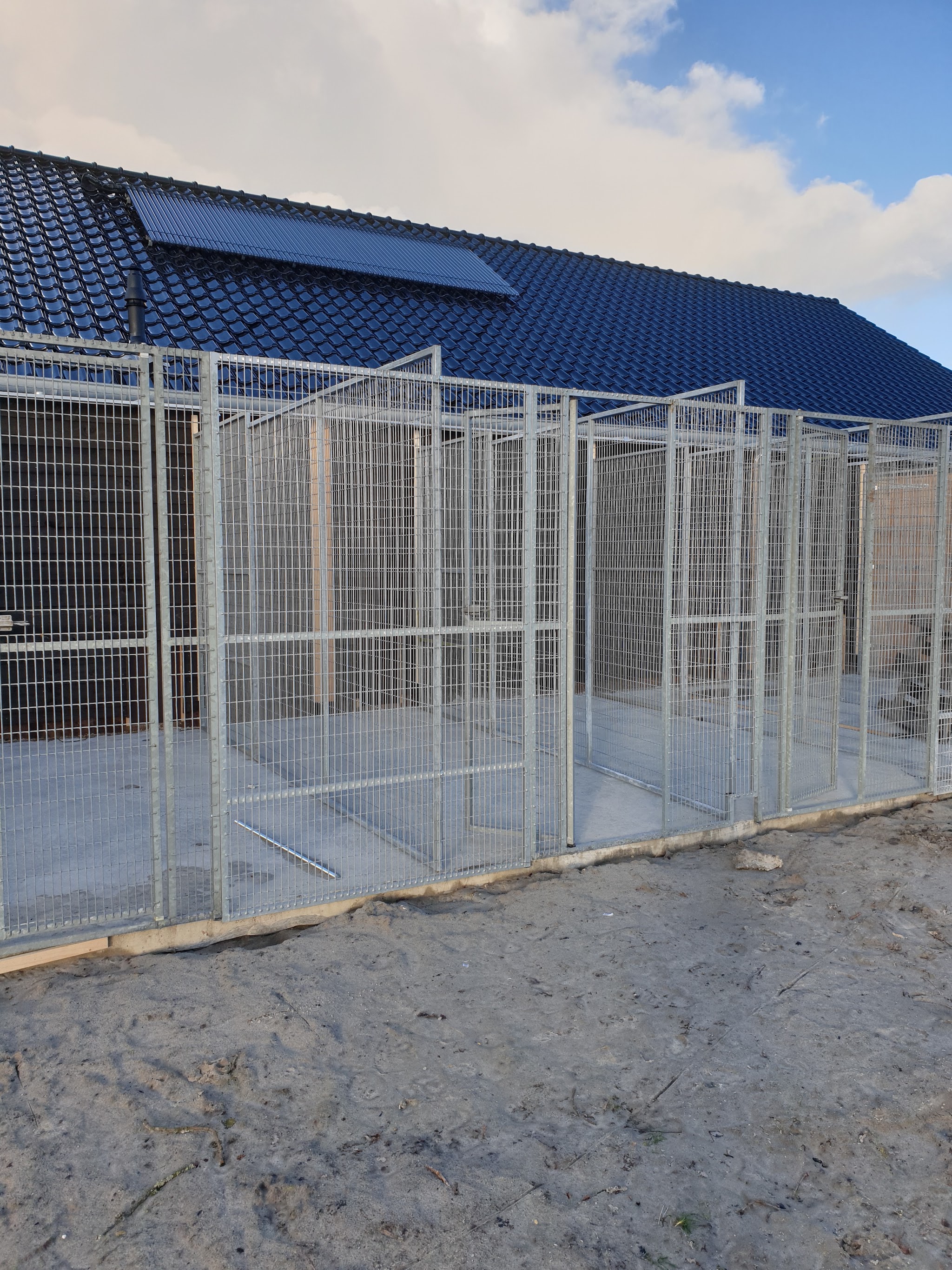 De rij kennels van gaas met het donkere dak erboven en zand ervoor